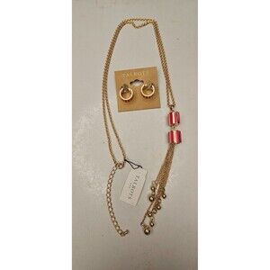 Talbots Red & Gold Striped Hoop Earrings, Long Tassel Necklace Set NWT